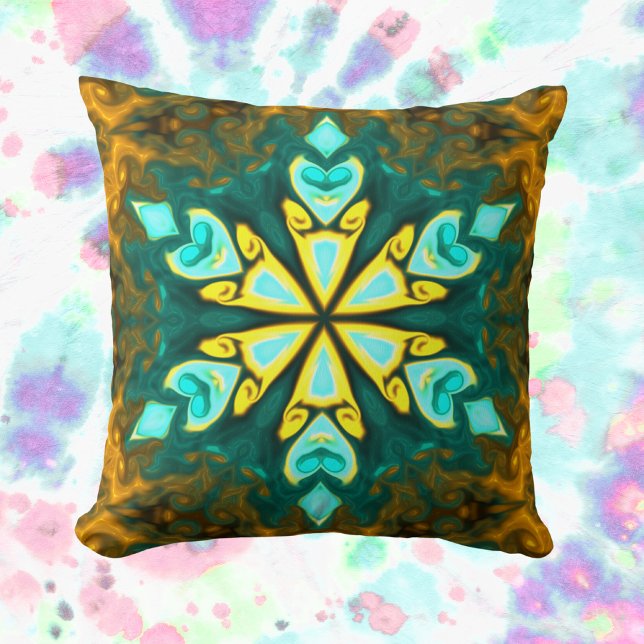 Psychedelic Mandala Flower Teal and Yellow Cushion (Creator Uploaded)