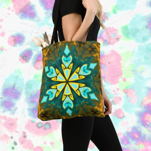 Psychedelic Mandala Flower Teal and Yellow Tote Bag
