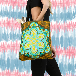Psychedelic Mandala Flower Teal and Yellow Tote Bag