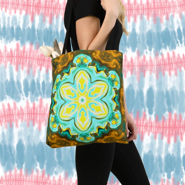 Psychedelic Mandala Flower Teal and Yellow Tote Bag (Creator Uploaded)