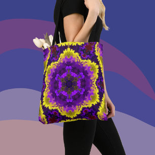 Psychedelic Mandala Flower Yellow and Purple Tote Bag