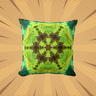 Psychedelic Mandala Flower Yellow Green and Blue Cushion