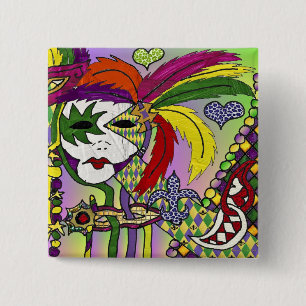 Psychedelic Mardi Gras Feather Mask 15 Cm Square Badge