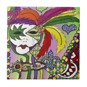 Psychedelic Mardi Gras Feather Mask Ceramic Tile