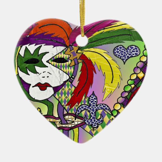 Psychedelic Mardi Gras Feather Mask Ceramic Tree Decoration (Front)