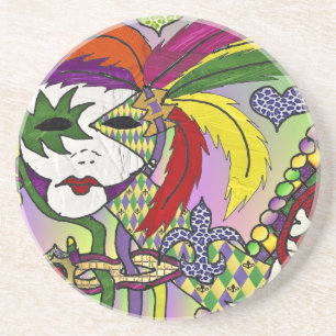 Psychedelic Mardi Gras Feather Mask Coaster