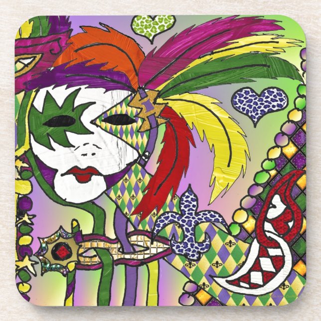 Psychedelic Mardi Gras Feather Mask Coaster (Front)