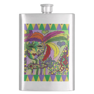 Psychedelic Mardi Gras Feather Mask Hip Flask