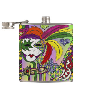 Psychedelic Mardi Gras Feather Mask Hip Flask