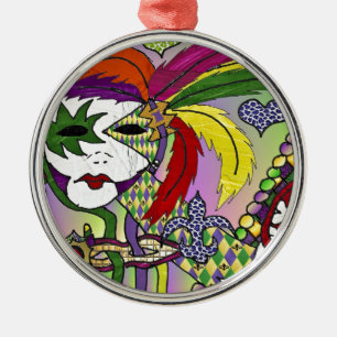 Psychedelic Mardi Gras Feather Mask Metal Ornament