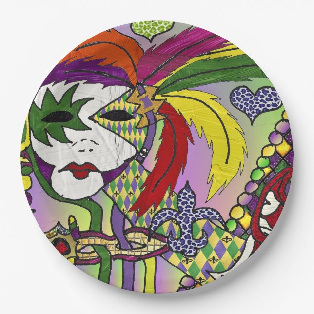 Psychedelic Mardi Gras Feather Mask Paper Plate (Front)
