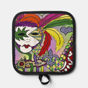 Psychedelic Mardi Gras Feather Mask Pot Holder