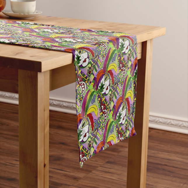 Psychedelic Mardi Gras Feather Mask Short Table Runner (In Situ)