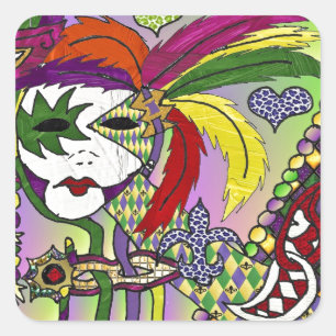 Psychedelic Mardi Gras Feather Mask Square Sticker