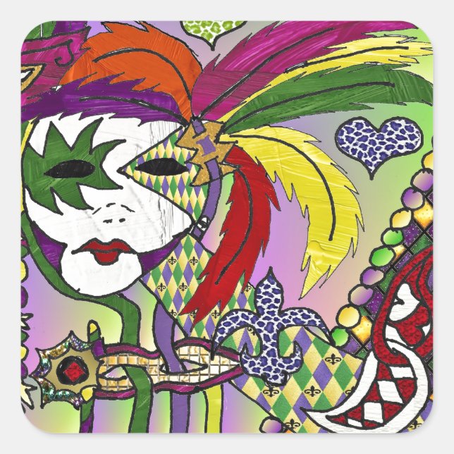 Psychedelic Mardi Gras Feather Mask Square Sticker (Front)