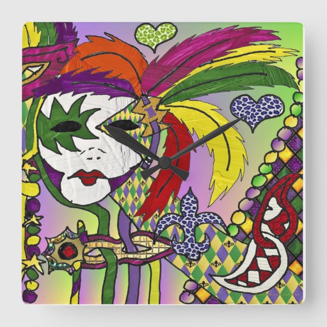 Psychedelic Mardi Gras Feather Mask Square Wall Clock (Front)