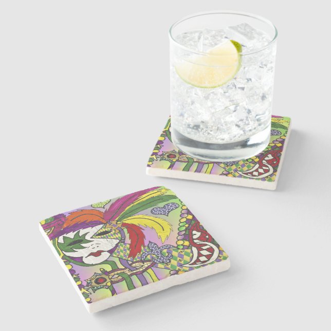 Psychedelic Mardi Gras Feather Mask Stone Coaster (Side)