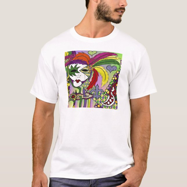 Psychedelic Mardi Gras Feather Mask T-Shirt (Front)
