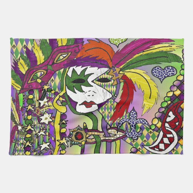 Psychedelic Mardi Gras Feather Mask Tea Towel (Horizontal)