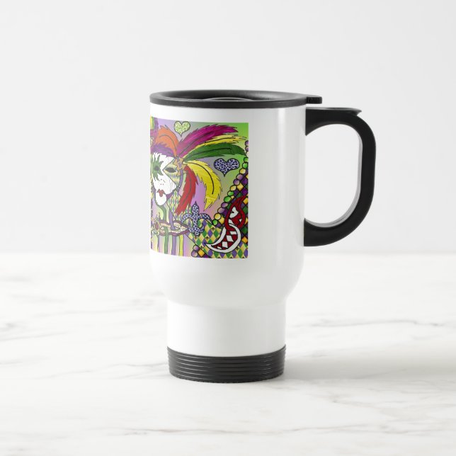 Psychedelic Mardi Gras Feather Mask Travel Mug (Right)
