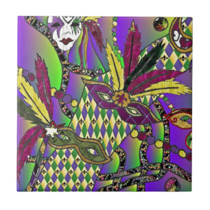 Psychedelic Mardi Gras Feather Masks Ceramic Tile