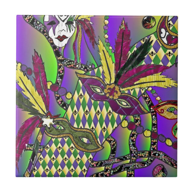Psychedelic Mardi Gras Feather Masks Ceramic Tile (Front)