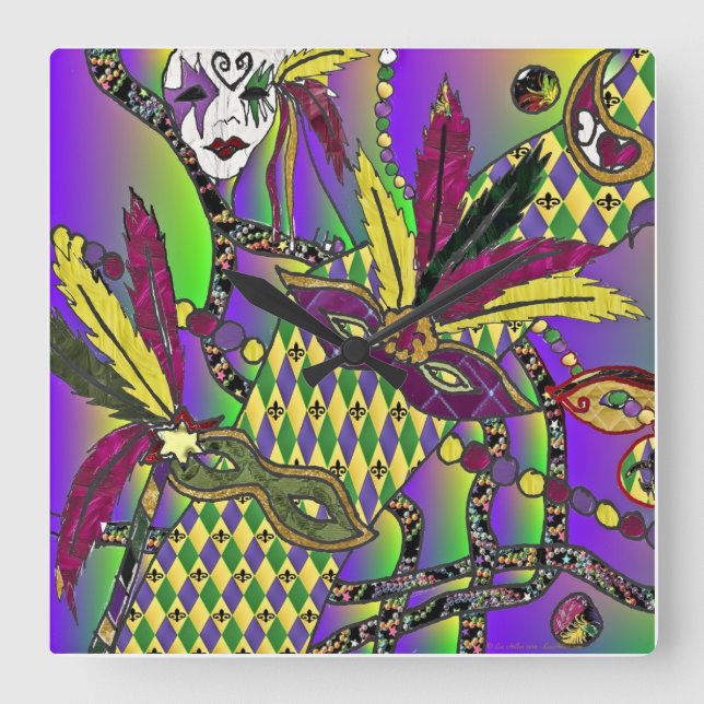 Psychedelic Mardi Gras Feather Masks Clock (Front)