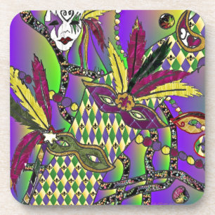 Psychedelic Mardi Gras Feather Masks Coaster