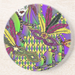 Psychedelic Mardi Gras Feather Masks Coaster