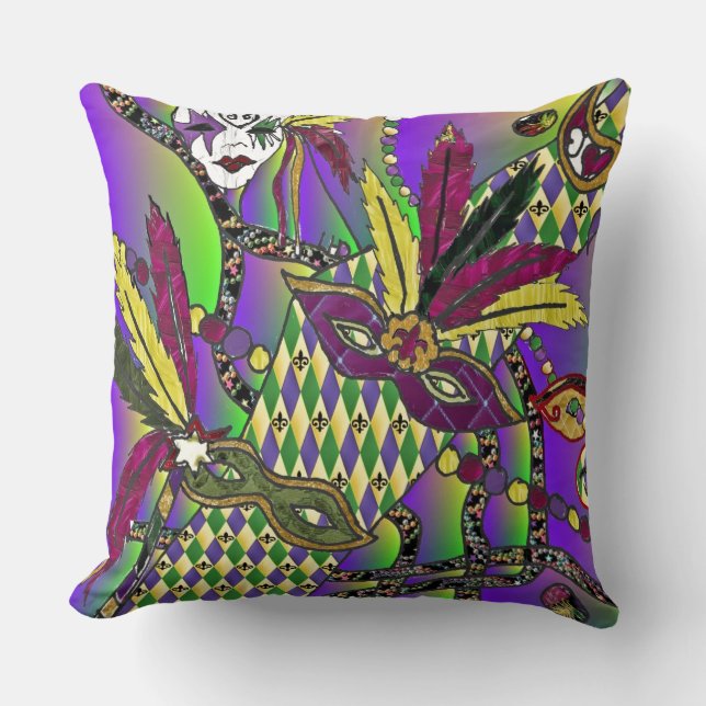 Psychedelic Mardi Gras Feather Masks Cushion (Front)