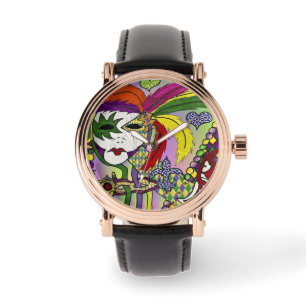 Psychedelic Mardi Gras Feather Masks Designer Watch