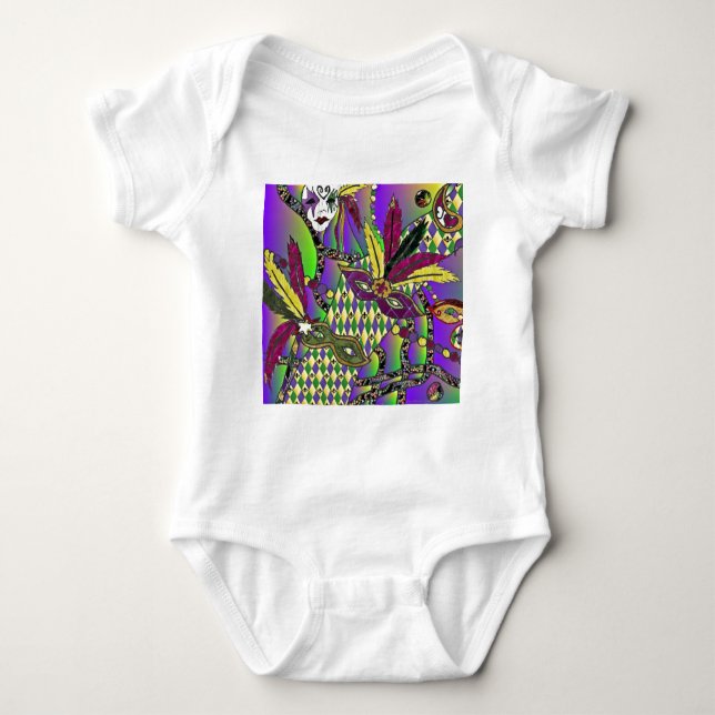 Psychedelic Mardi Gras Feather Masks Gifts Apparel Baby Bodysuit (Front)
