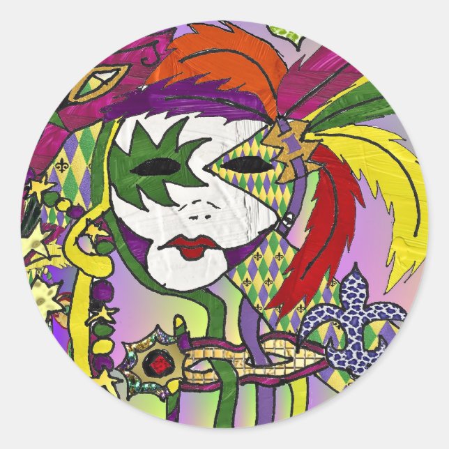 Psychedelic Mardi Gras Feather Masks Gifts Apparel Classic Round Sticker (Front)