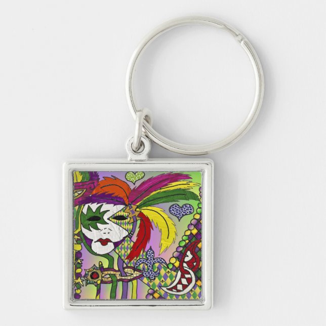 Psychedelic Mardi Gras Feather Masks Gifts Apparel Key Ring (Front)