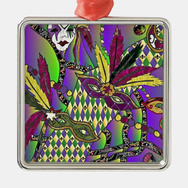 Psychedelic Mardi Gras Feather Masks Metal Tree Decoration (Front)