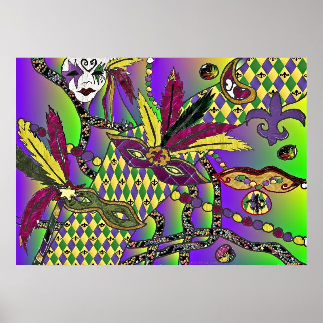 Psychedelic Mardi Gras Feather Masks Poster (Front)