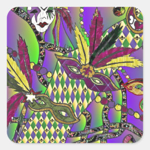 Psychedelic Mardi Gras Feather Masks Square Sticker