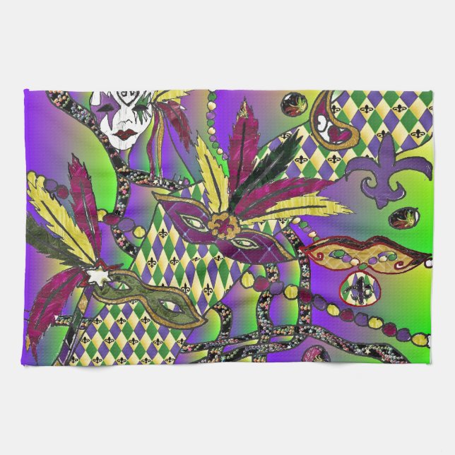 Psychedelic Mardi Gras Feather Masks Tea Towel (Horizontal)
