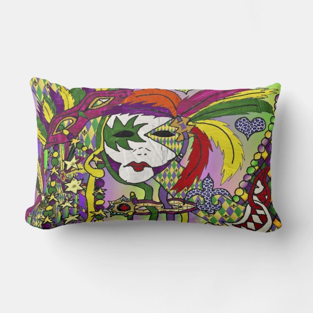 Psychedelic Mardi Gras Feather Masks Throw Pillow (Front)