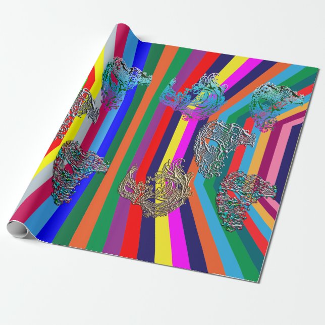 Psychedelic Mardi Gras Filigree Masks art Wrapping Paper (Unrolled)