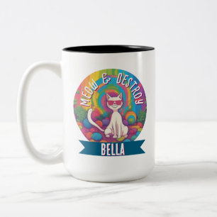 Psychedelic Meow & Destroy Personalised Cat Two-Tone Coffee Mug