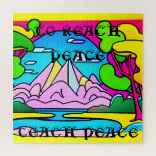 Psychedelic mountains, lake, trees. Peace Jigsaw Puzzle