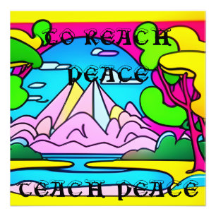Psychedelic mountains, lake, trees. Peace Photo Print