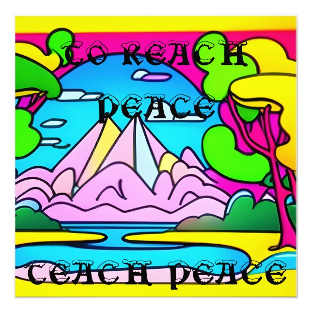 Psychedelic mountains, lake, trees. Peace Photo Print (Front)