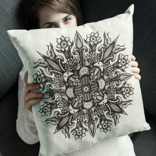 Psychedelic Mushroom Mandala Black And White Cushion