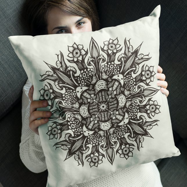 Psychedelic Mushroom Mandala Black And White Cushion (Creator Uploaded)