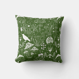 Psychedelic Mushroom Pattern 2D.BW.b D Green BG Cushion
