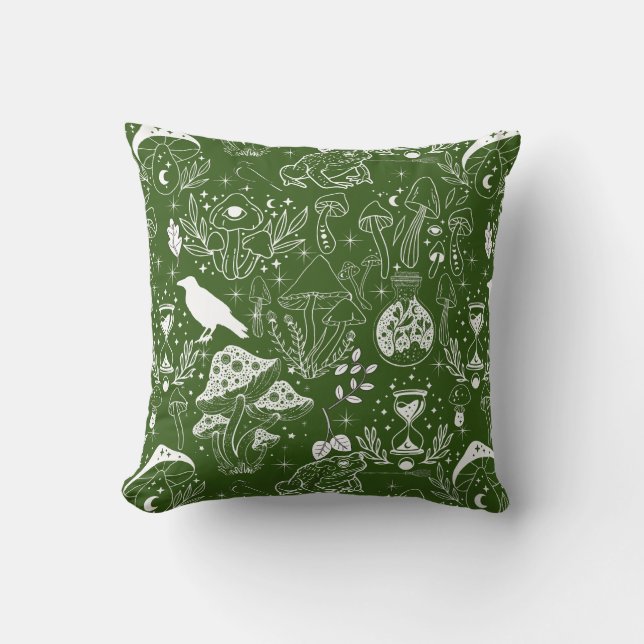 Psychedelic Mushroom Pattern 2D.BW.b D Green BG Cushion (Front)
