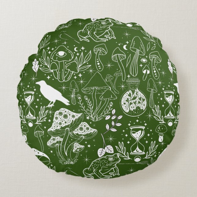 Psychedelic Mushroom Pattern 2D.BW.b D Green BG Round Cushion (Front)