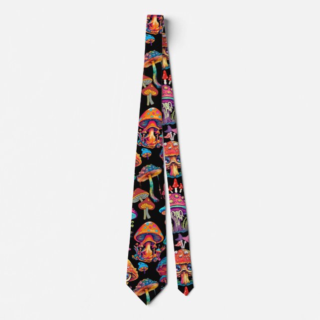 Psychedelic Mushroom Pattern 3D Black BG Tie (Front)